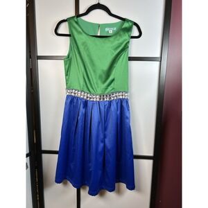 Pim & Larkin Bejeweled Coctail‎ Dress Emerald Green and Sapphire Blue Size Small
